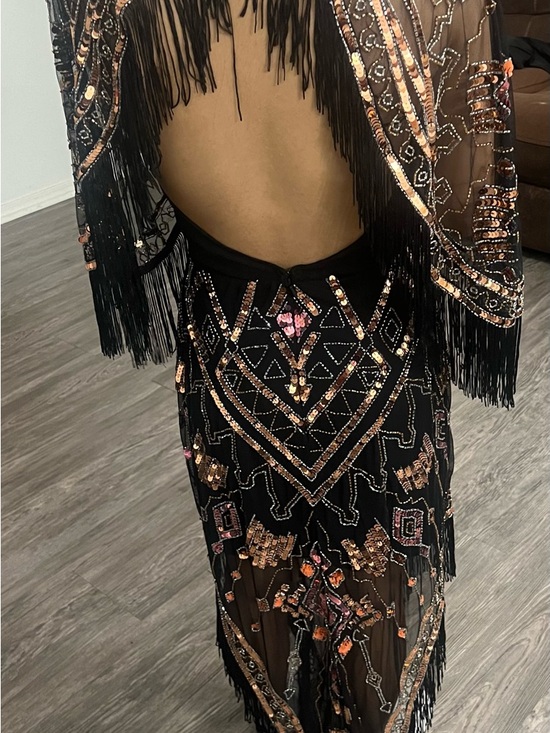 RARE Y2K ASOS design Black Sequin Fringe Maxi Dress with Pink & Rose Accents#A10 - Picture 12 of 16